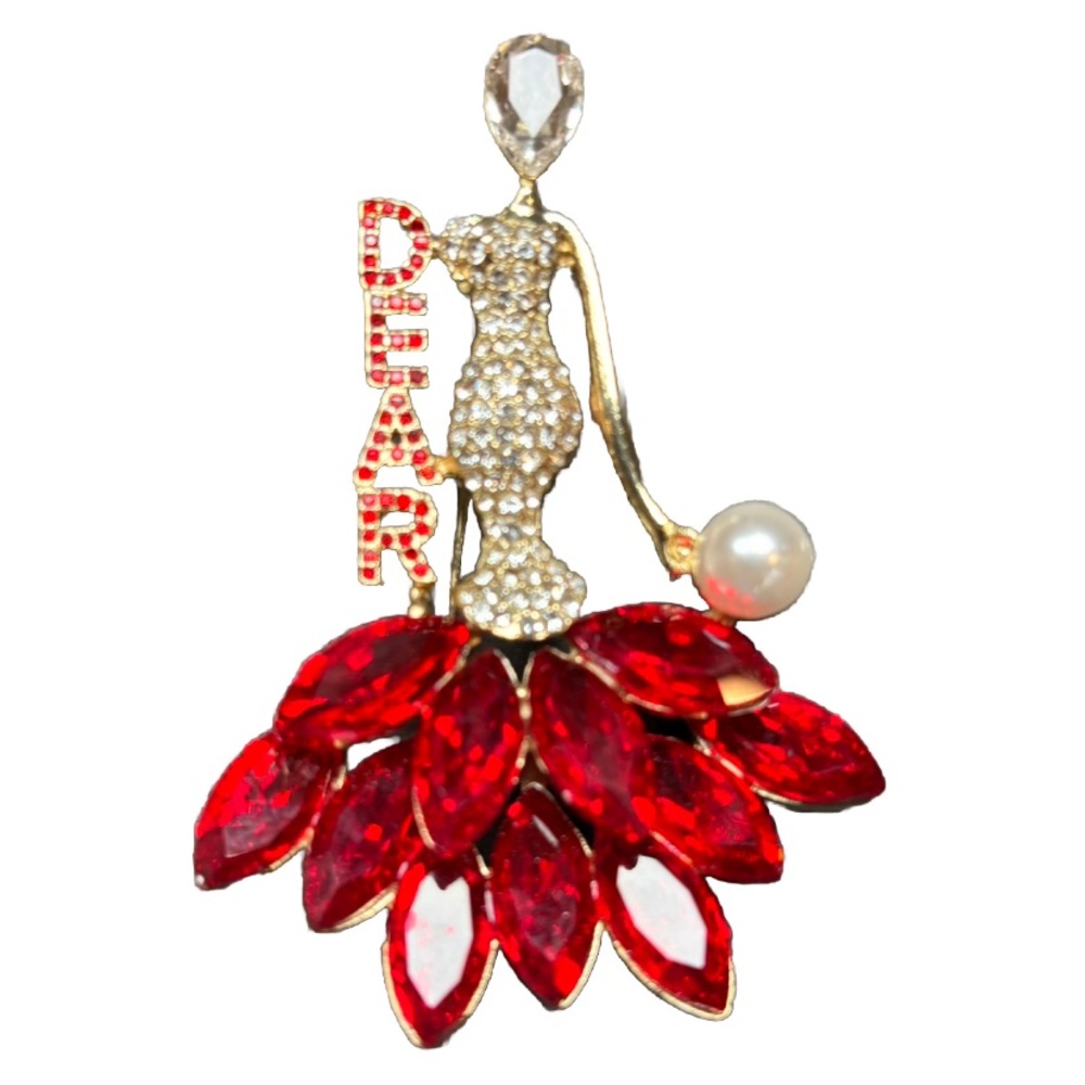 Women’s Brooch Pin Lady in Red Dress DEAR Rhinestone Gold Tone Faux Pearl Bling